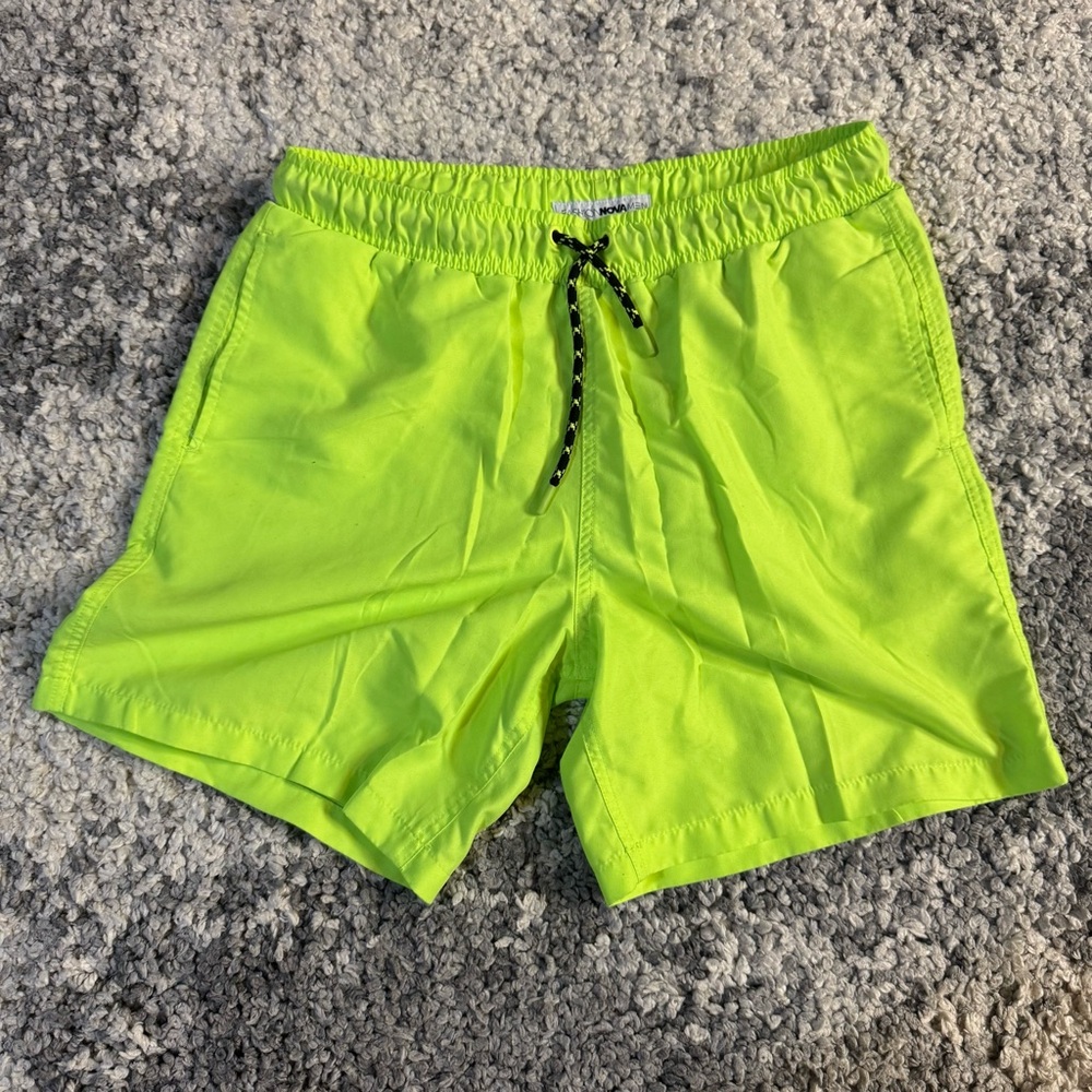 Fashion Nova Men’s, Men’s Neon Green Swim Shorts with Lining and Elastic Waist
